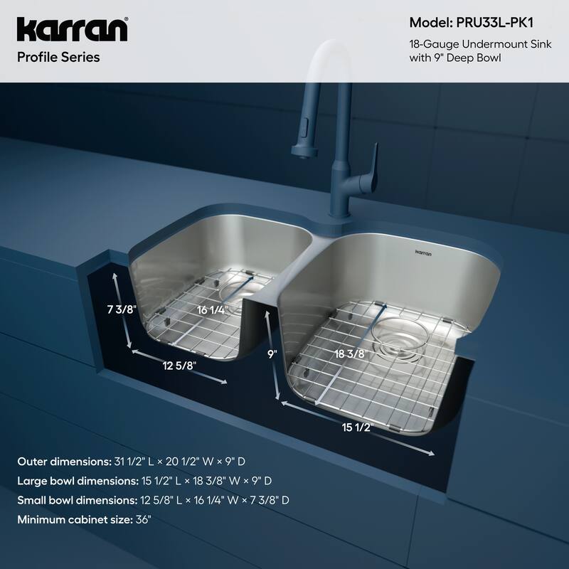 Karran Profile 31" Undermount 18 Gauge Double Offset Bowl Stainless Steel Kitchen Sink with Accessories