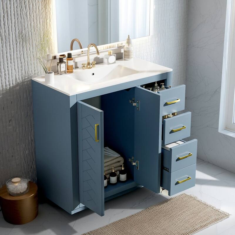 36'' Freestanding Bathroom Vanity with Sink, Solid Wood Frame, 3 Drawers