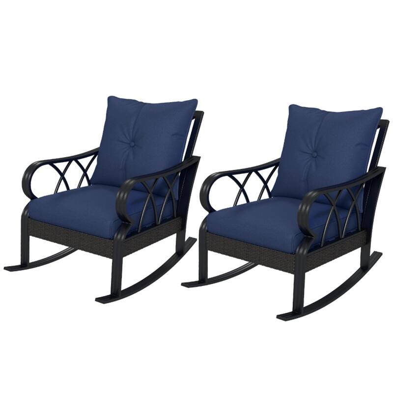 Aluminum Rattan Rocking Chair with Cushions Weather Resistant - 2 PC - Black-Blue