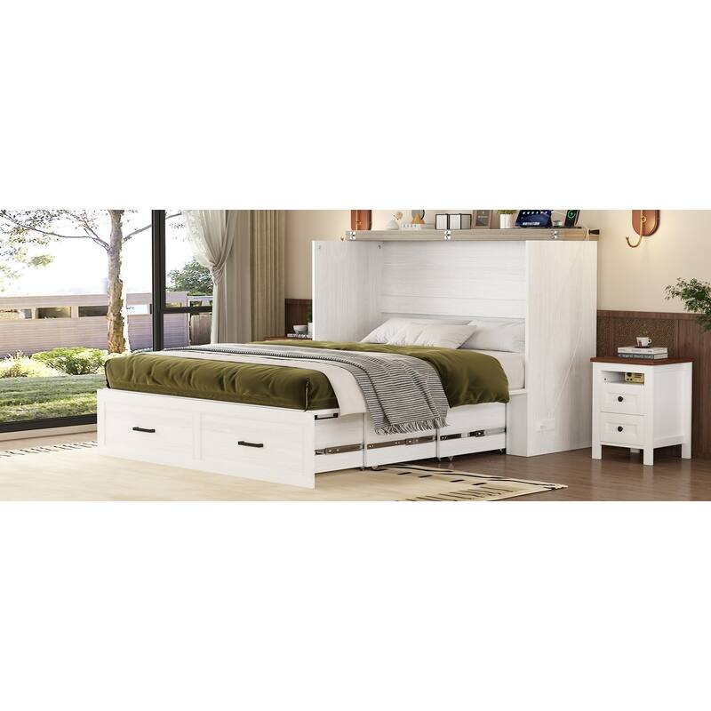 Queen Wood Murphy Bed with Charging Station & Large Storage Drawer, Foldable Platform