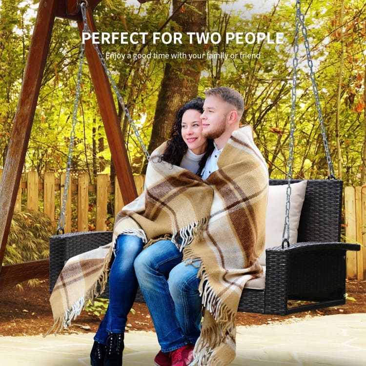 2-Person Wicker Hanging Porch Swing with 2 Back Cushions and 1 Seat Cushion - 50" x 22" x 20.5" (L x W x H)