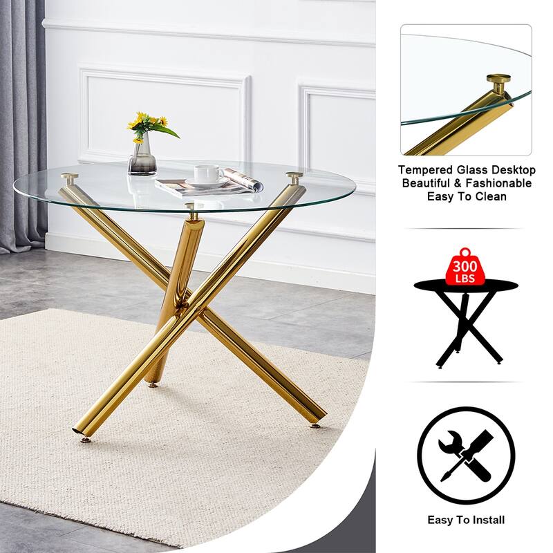 42-inch glass round table.Modern and simple, stylish choice: A glass round table with three metal table legs intersperse