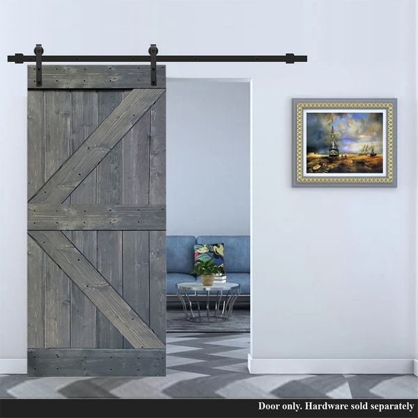 30 in x 84 in Gray Stained K Style Solid Knotty Pine Wood Barn Door