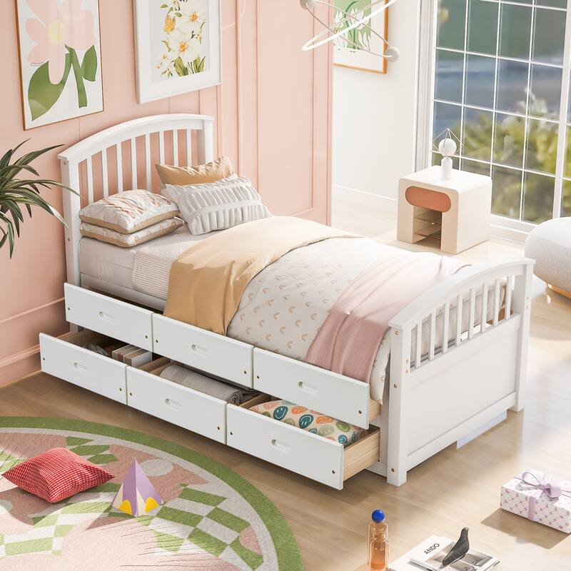Twin Pinewood Platform Bed with Drawers - White