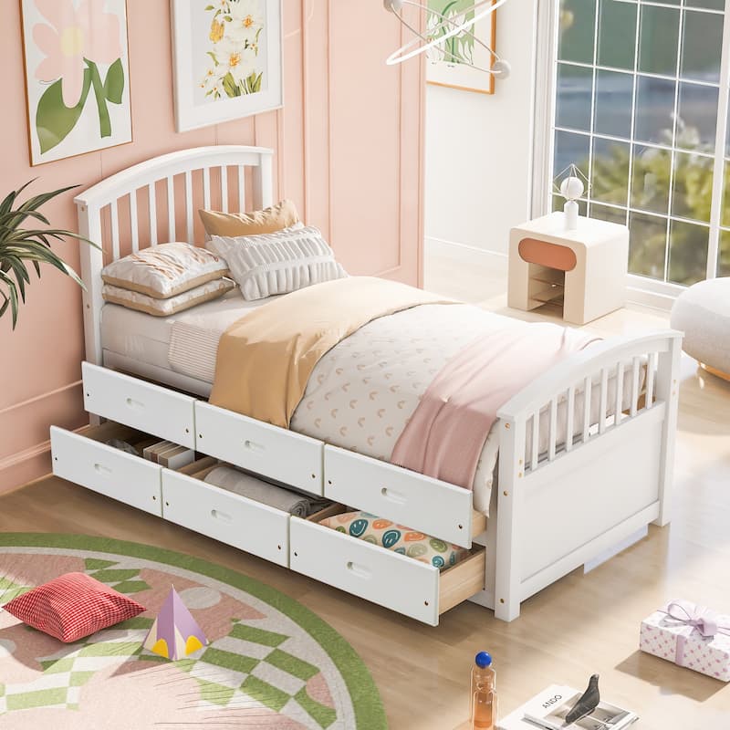 Twin Size Platform Storage Bed Solid Wood Bed with 6 Drawers,White