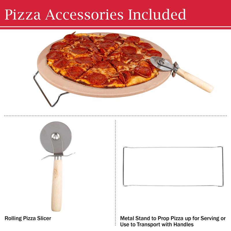 Pizza Stone - 15-Inch Pizza Stone for Oven or Grill with Pizza Cutter and Metal Serving Rack/Handles by Classic Cuisine