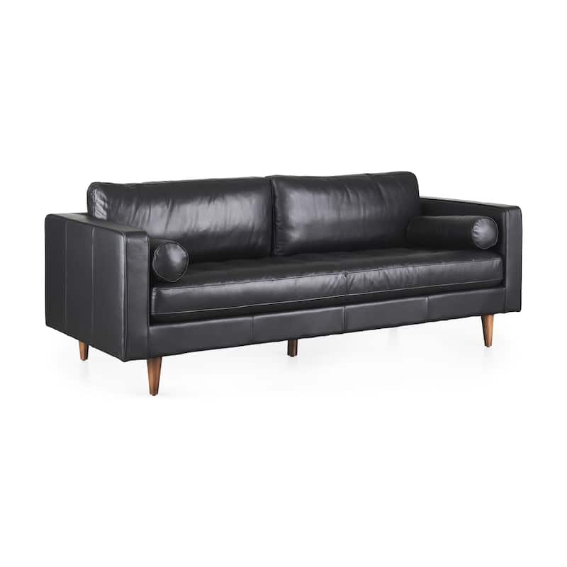 HomeRoots 88" Black Leather Sofa And Toss Pillows With Brown Legs