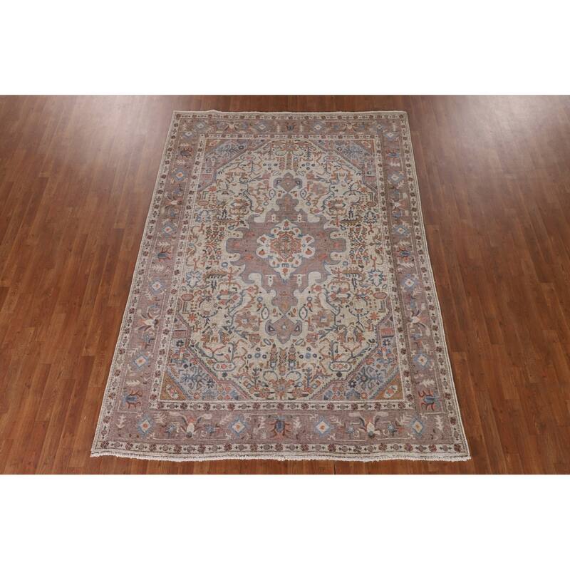 Distressed Tabriz Persian Antique Area Rug Handmade Wool Carpet - 6'7" x 9'4"