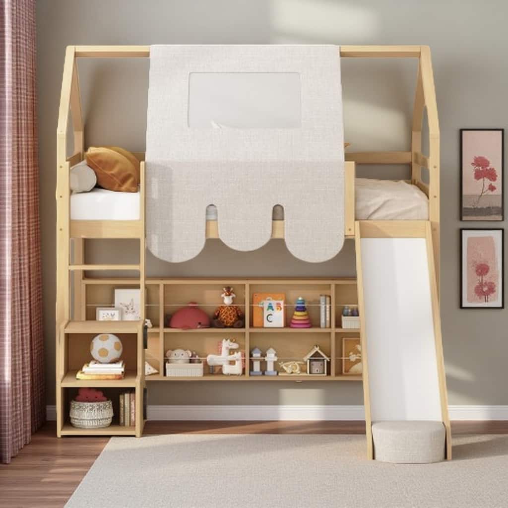 Full Size Loft Bed with Slide, Tent, and Storage Shelves - House Frame Kids Bed with Ladder and Car-Shaped Organizer