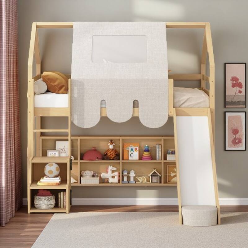 Full Size Loft Bed with Slide, Tent, and Storage Shelves - House Frame Kids Bed with Ladder and Car-Shaped Organizer - Natural - Twin