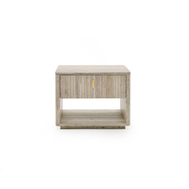 Fly 32 Inch Nightstand, 1 Drawer, 1 Sleek Gold Handle, Travertine Gray