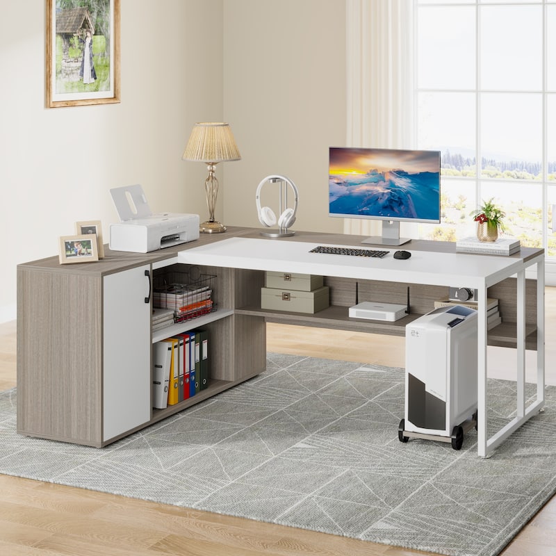 71 inch Executive Desk, L Shaped Desk with Cabinet and Shelves for Home Office