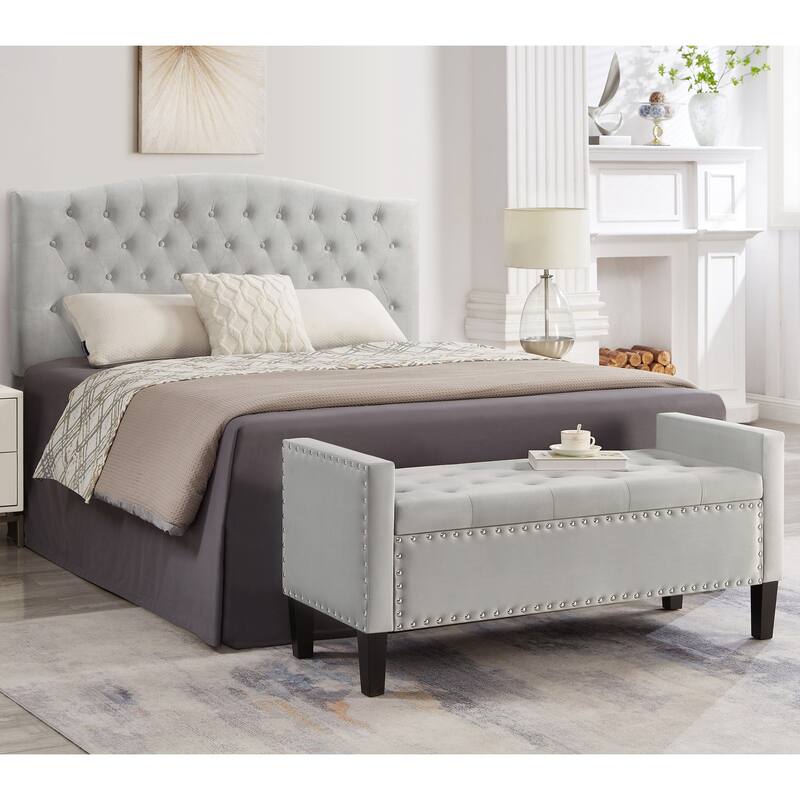 Upholstered Tufted Button Storage Bench with nails trim,Entryway Living Room Soft Padded Seat with Armrest,Bed Bench-Gray