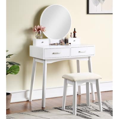 Wood Vanity and Stool Set with 4 Drawers and Round Mirror