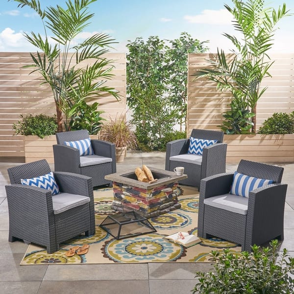 slide 1 of 21, Folsom Outdoor 4-Seater Chat Set with Wood Burning Fire Pit by Christopher Knight Home Charcoal + Natural Stone + Light Gray Cushion