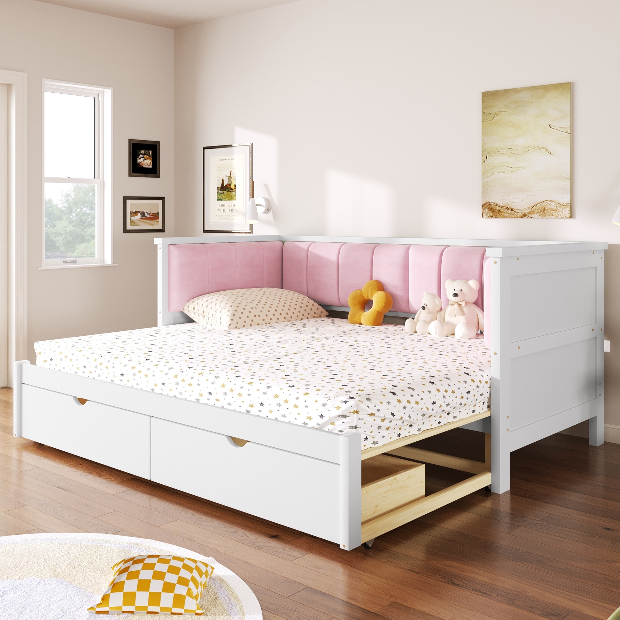 Twin XL to King Size Daybed with Two Storage Drawers and Upholstered Backrest,White+Pink