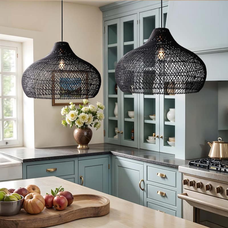 Latigo Rattan Pendant Light - Black Dome 1-Light Handwoven Light Fixture For Modern, Transitional, Farmhouse Room Decor