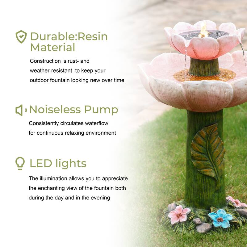 Solar Powered Pink Flower 2-Tier Resin Birdbath Fountain with Lights