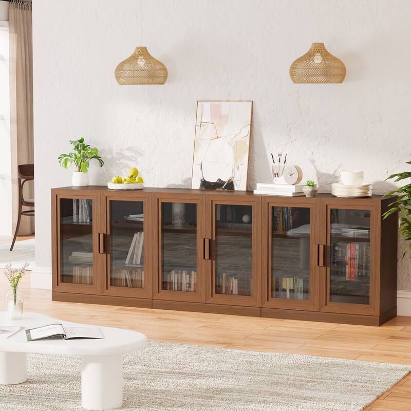 3-Set Glass Door Sideboard Buffet Storage Cabinets with Adjustable Shelves - 93"Lx31"H - Walnut
