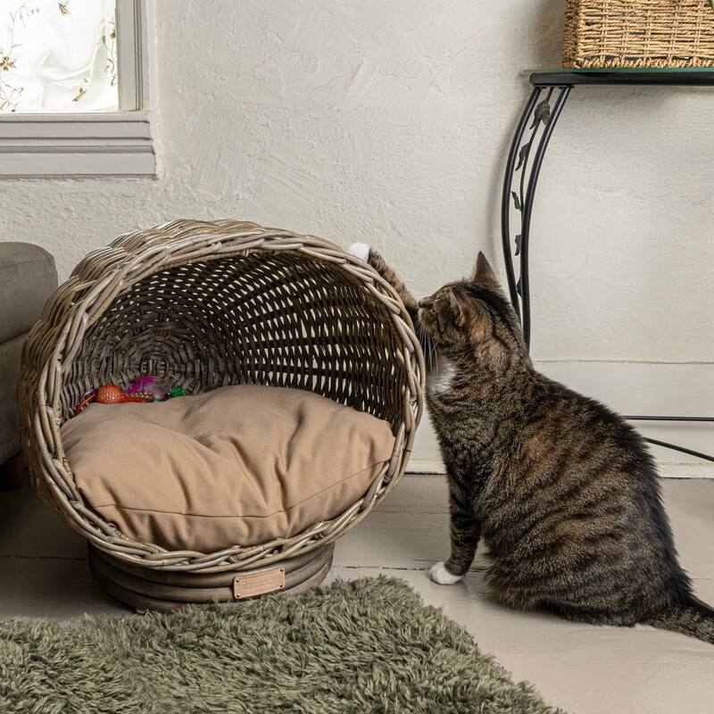 Socket Dome 19.5" x 17" Bohemian Handwoven Rattan Cat Bed with Machine-Washable Cushion, Kubu Gray