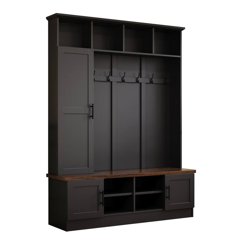 Versatile 3-in-1 Farmhouse Hall Tree with with 6 Hooks & Adjustable Shelves - Walnut Storage Benchr