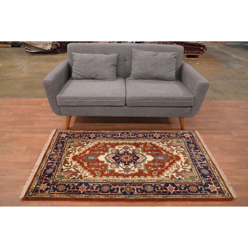 Hand Knotted Oriental 100% Wool Carpet Traditional Medallion Oranges & Rust Heriz (serapi) Area Rug - 5' 3'' X 2' 10''