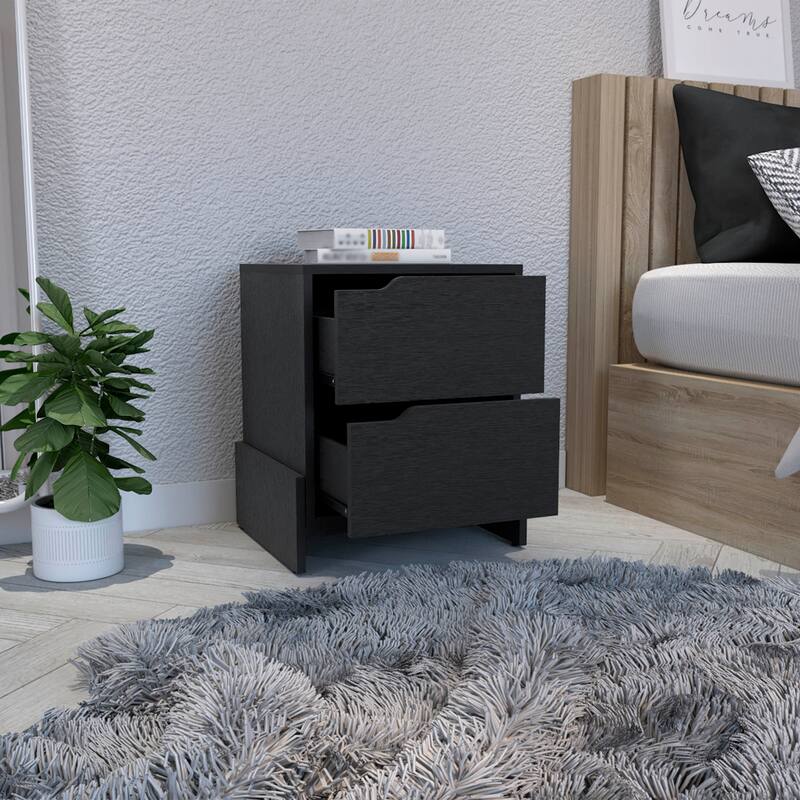 2-Drawer Nightstand with Sturdy Base, Black End Table for Bedroom