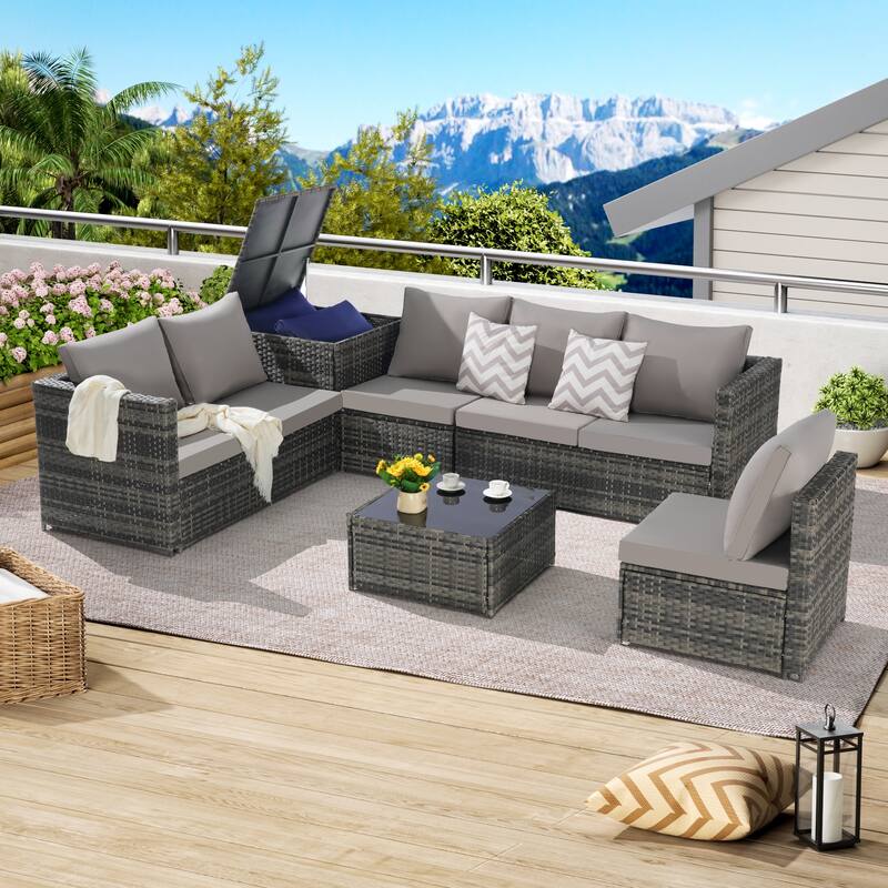 6-Piece Outdoor Wicker Sectional Patio Furniture Set with Storage Corner, and Tempered Glass Coffee Table