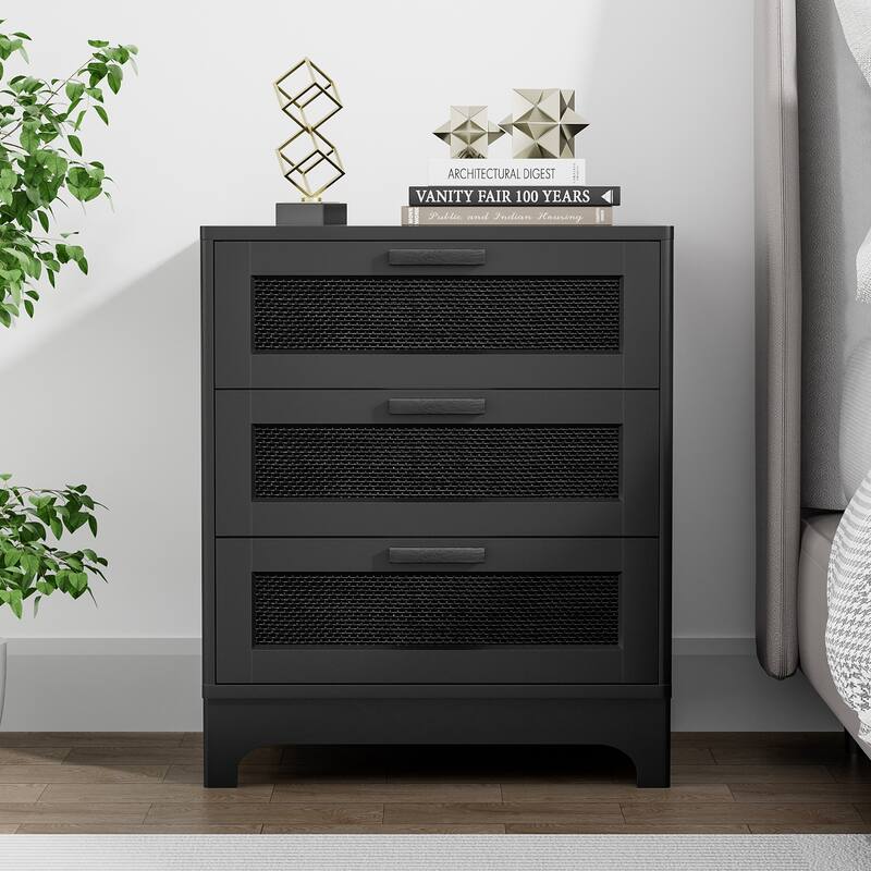 Anmytek Modern Black Wood Rattan Nightstand Bedside Table Side Table with 3 Drawers for Bedroom