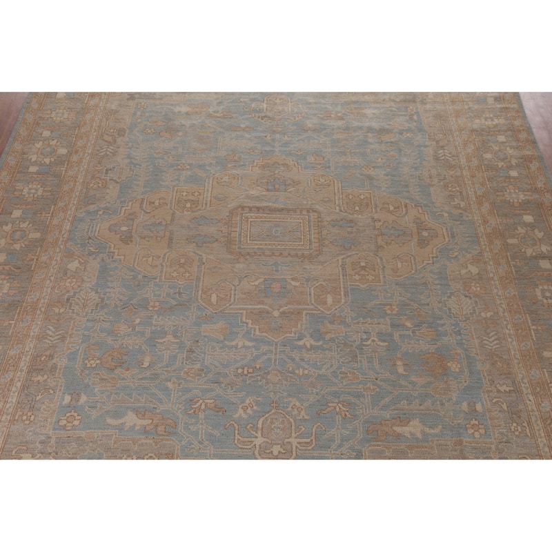 Vegetable Dye Oushak Turkish Rug Blue Handmade Bedroom Wool Carpet - 10'4" x 13'11"