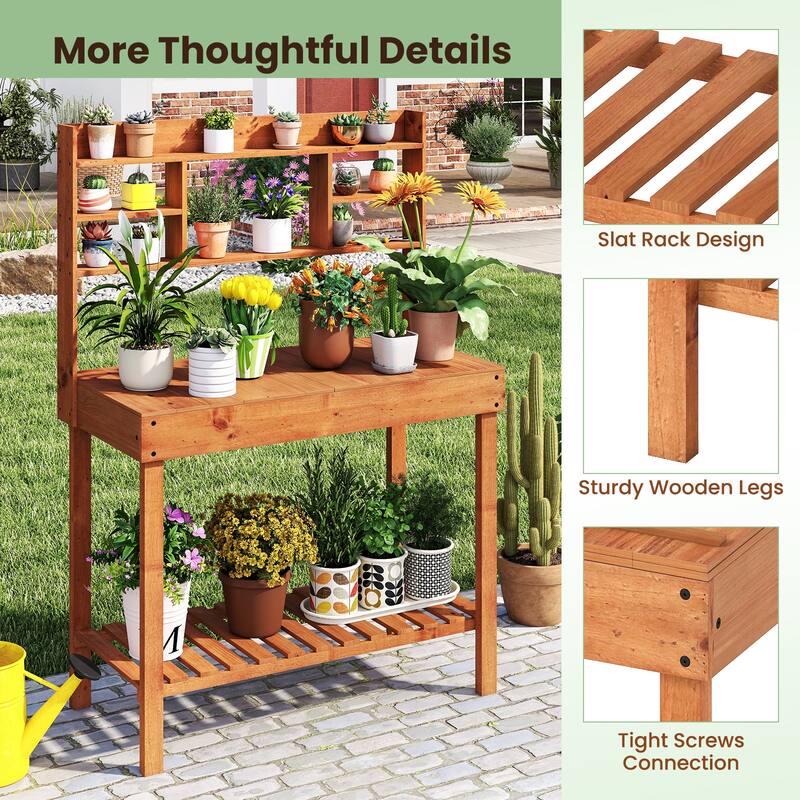 Gymax 61'' Wooden Potting Bench Table w/3-Tier Open Shelf Flip-up