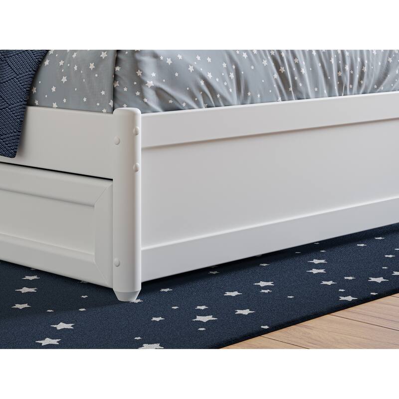 Twin Bed with Trundle & Panel Footboard - White Platform Bed Frame, Adjustable Headboard