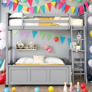 Gray Solid Pine Wood Twin Over Full Bunk Bed with Desk - Bed Bath ...