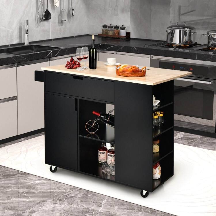 Drop-Leaf Kitchen Island with Rubber Wood Top - 49" x 30" x 36"(L x W x H)