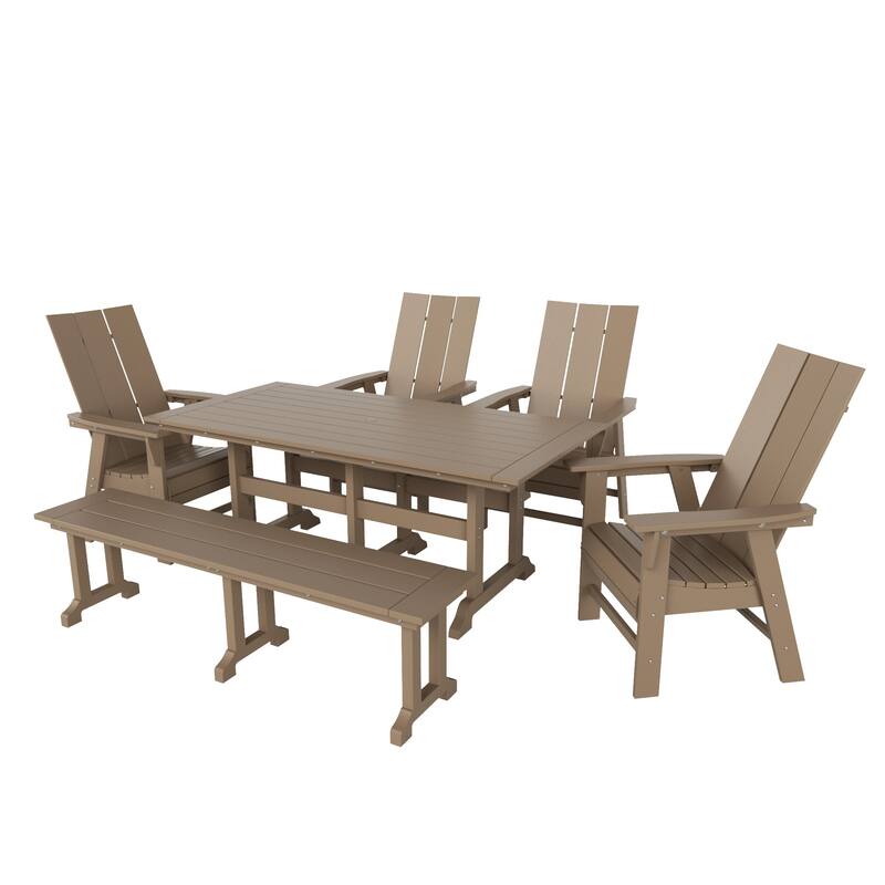 Shoreside 6-Piece Rectangular Poly Eco-Friendly All Weather Outdoor Dining Set with Bench - Weathered Wood