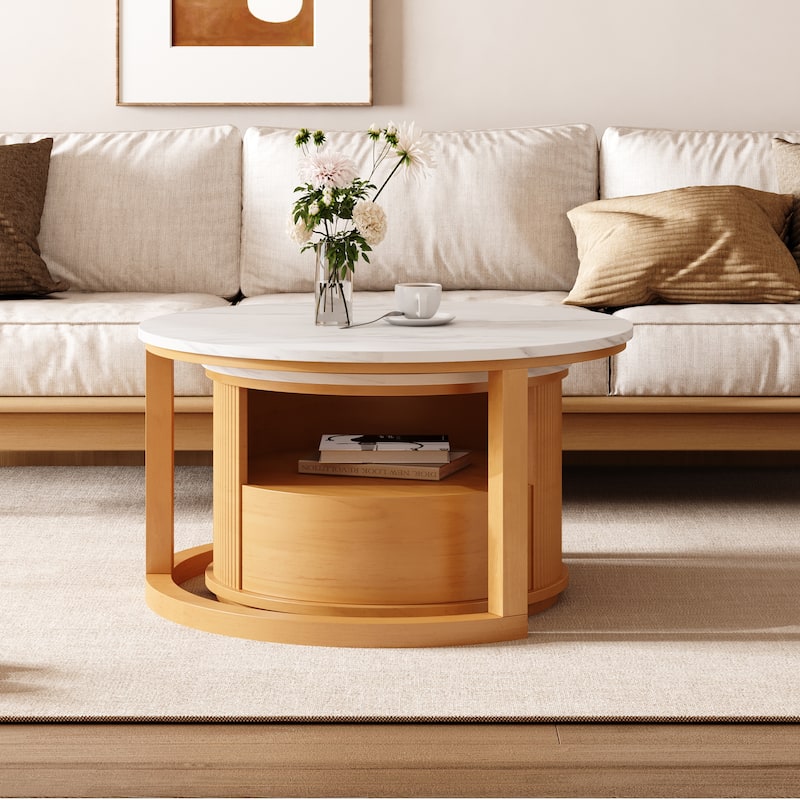 Round Nesting Coffee Table with White Marble Top, 2-Tier Storage with Drawer, Natural Finish