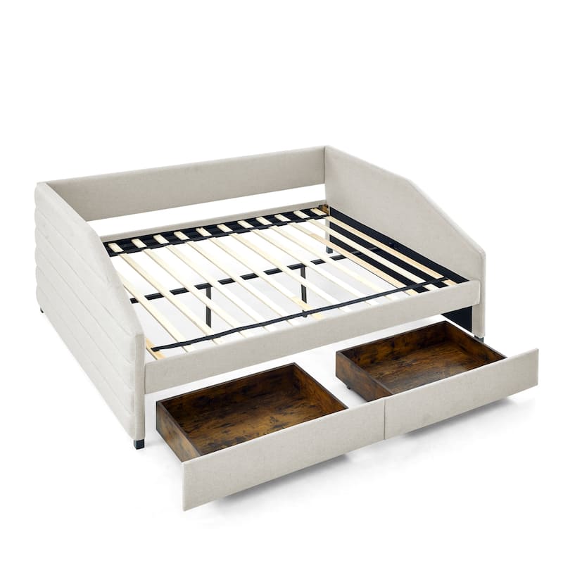 Linen Fabric Upholstered Daybed with Pull-Out Trundle or Storage Drawers, Tufted Sofa Bed Frame with Wood Slat Support