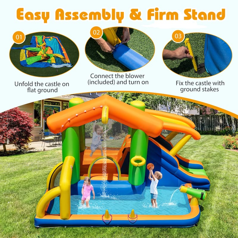 Kids 8-in-1 Inflatable Bouncer with Slide Splash Pool Basketball Hoop Football Goal and Ring Toss Games - 151" x 108" x 92"