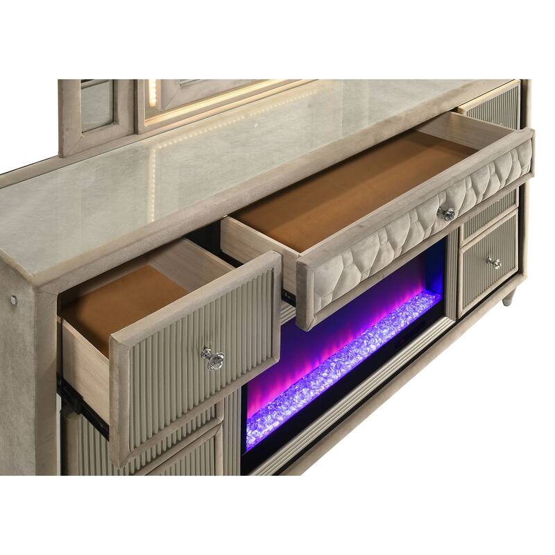 Lorient 8-drawer LED Flame Box Dresser and Mirror Ivory Camel