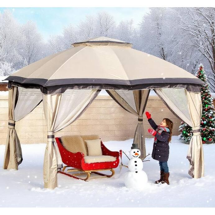 10x12 Outdoor Gazebo with Mesh Walls, Double-Tier Roof & Curtains for Patio, Backyard or Garden