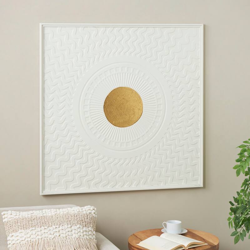 White Metal Geometric Home Wall Decor with Gold Foil Center and Wavy Patterns - White