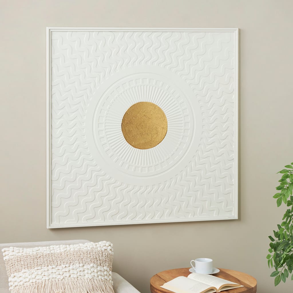 White Metal Geometric Home Wall Decor with Gold Foil Center and Wavy Patterns