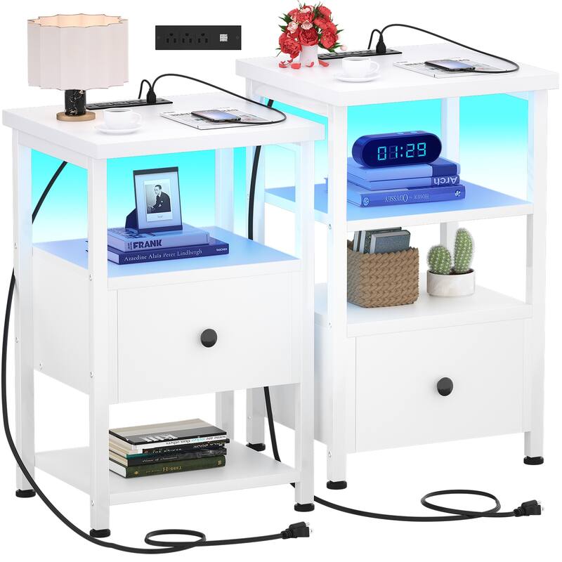 Set of 2 End table with USB Port, Storage Nightstand with Drawer