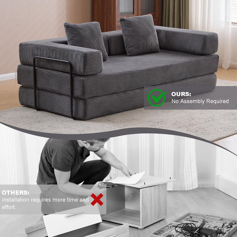 Convertible Flannel Fabric Futon Sofa Sleeper Couch Bed with Sponge Padding for Living Room - 76.77”L x 37.4”W x 23.62”H