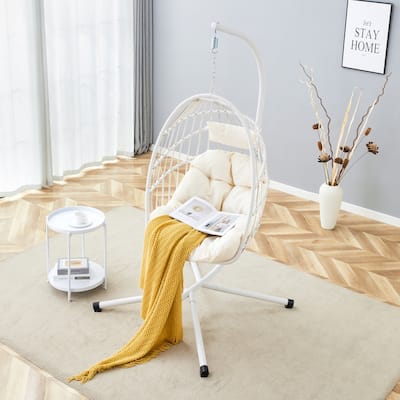 Roomfitters Heavy-Duty Iron Hanging Chair with Wicker Weave, Indoor Outdoor Single Swing