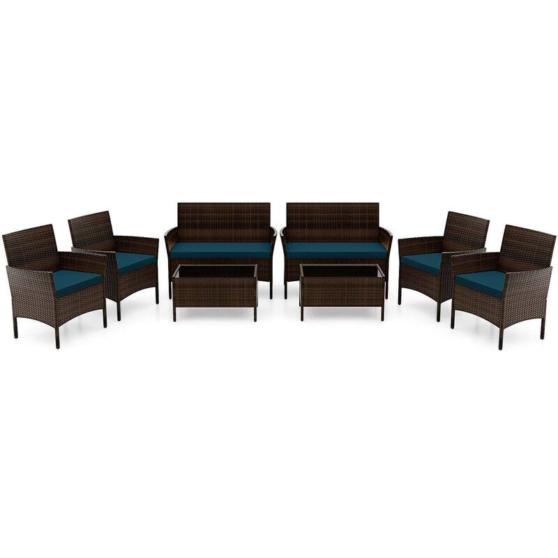 Gymax Set of 8 Furniture Set w/ Washable Cushions & Tempered Glass - Blue