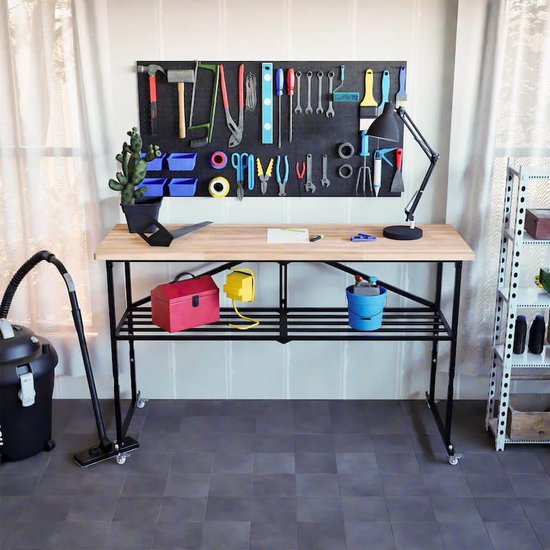SmartFold Heavy-Duty Folding Butcher-Block Workbench- Portable Wood-Top Utility Table w/ Locking Casters