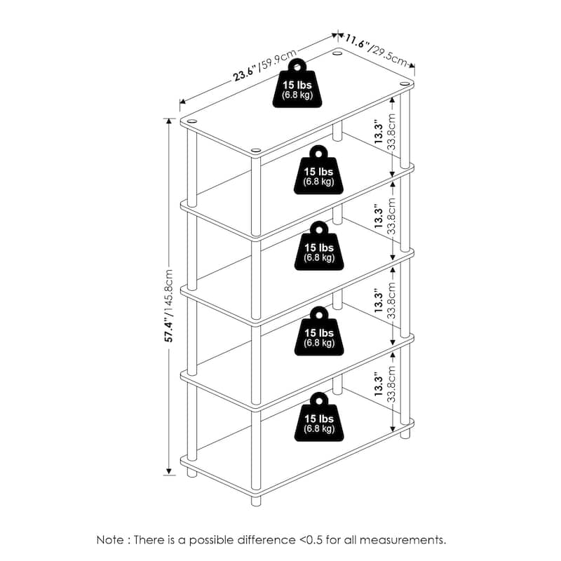 5 Tiers Wood Household Shelving Unit in White (23.6 in. W x 57.4 in. H x 11.6 in. D) - 23.6