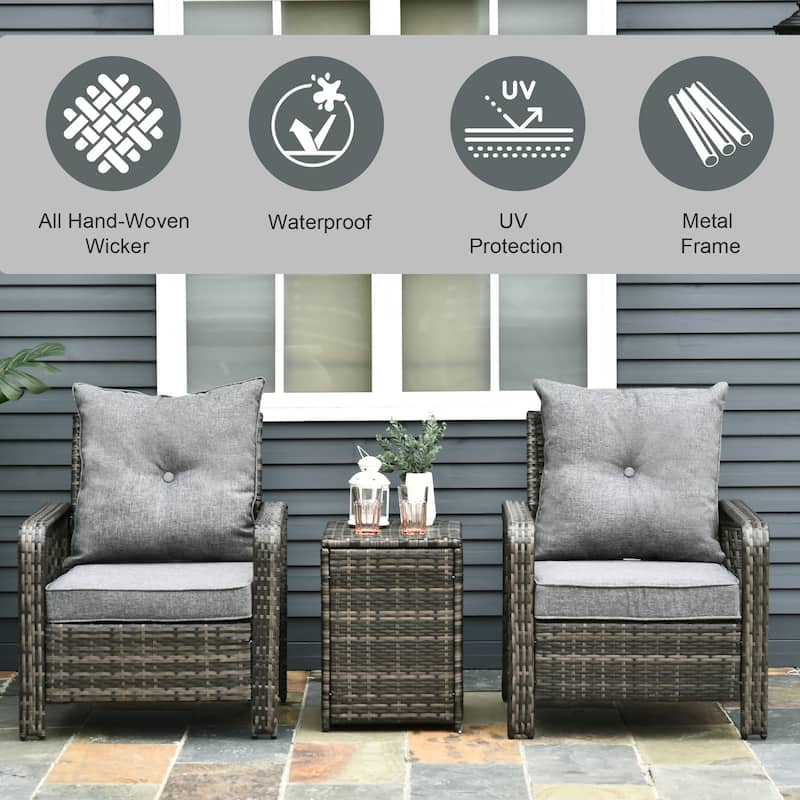 Outsunny 3 Piece PE Rattan Wicker Bistro Set with Cushions, Conversation Furniture Set for Backyard, Garden, Patio