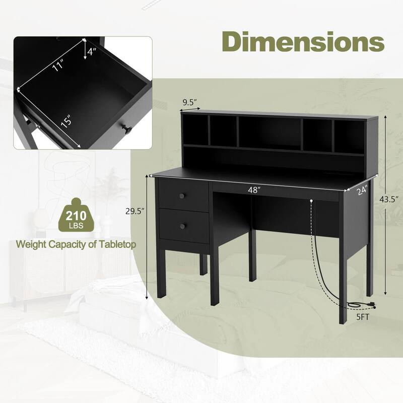 Costway 48" Computer Desk with Power Outlets Type-C 5-Cubby Hutch & 2